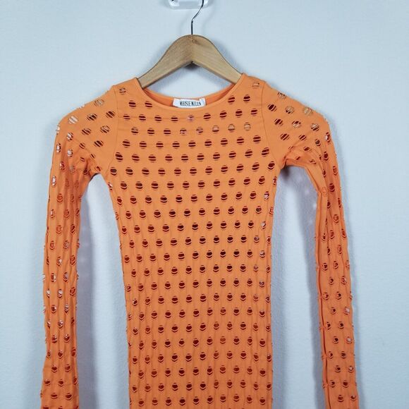 Maisie Wilen Orange Laser-Cut Perforated Orange Midi Bodycon Dress One Size - Picture 8 of 14
